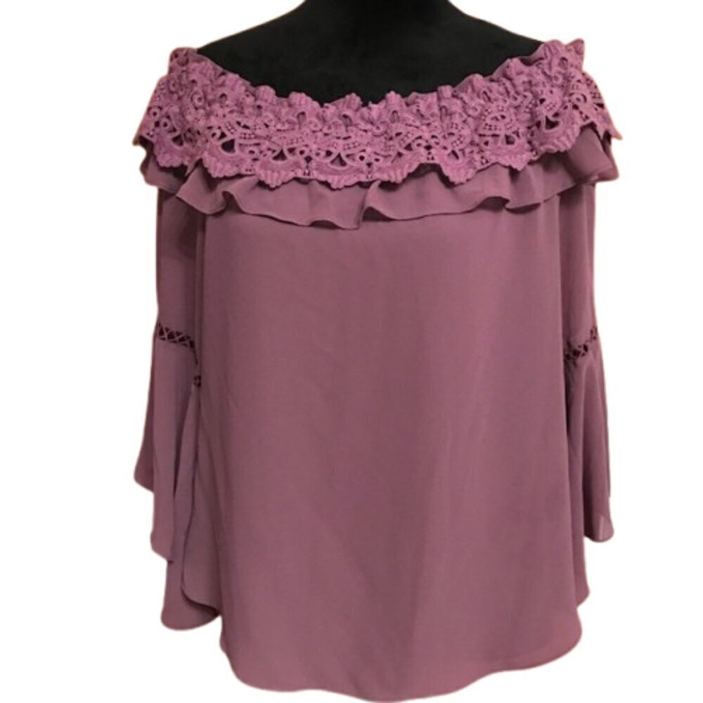 White House Black Market Women's Lavender Off the Shoulder Lace Blouse Large - Picture 2 of 8